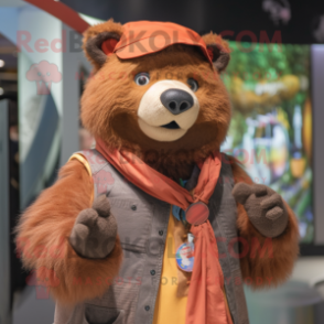 Rust Bear mascot costume character dressed with a Overalls and Shawls