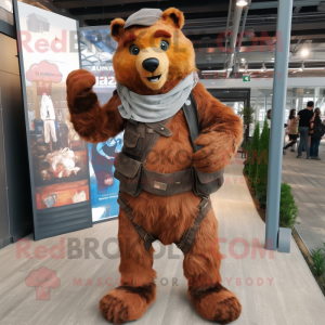 Rust Bear mascot costume character dressed with a Overalls and Shawls
