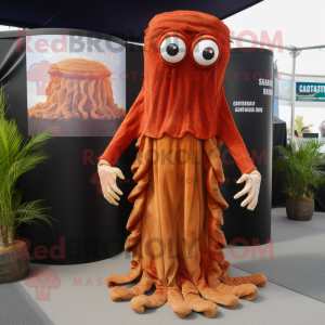 Rust Fried Calamari mascot costume character dressed with a Pleated Skirt and Cufflinks