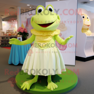 Cream Frog mascot costume character dressed with a Ball Gown and Beanies