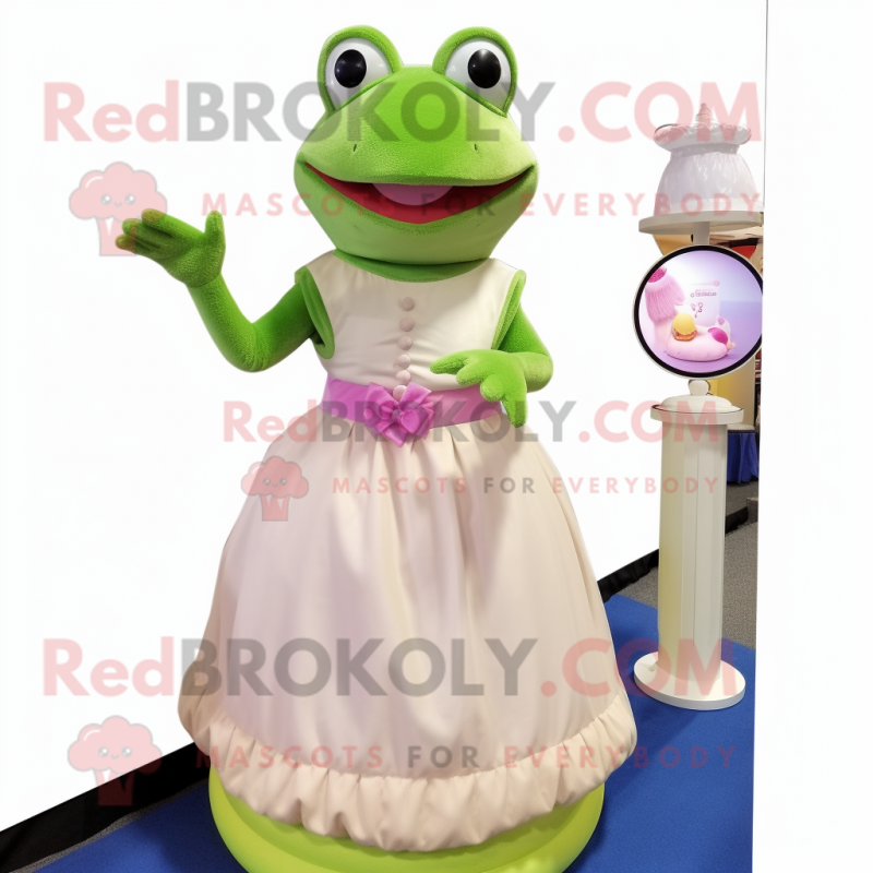 Cream Frog mascot costume character dressed with a Ball Gown and Beanies Cream Frog mascot costume character dressed with a Ball Gown and Beanies