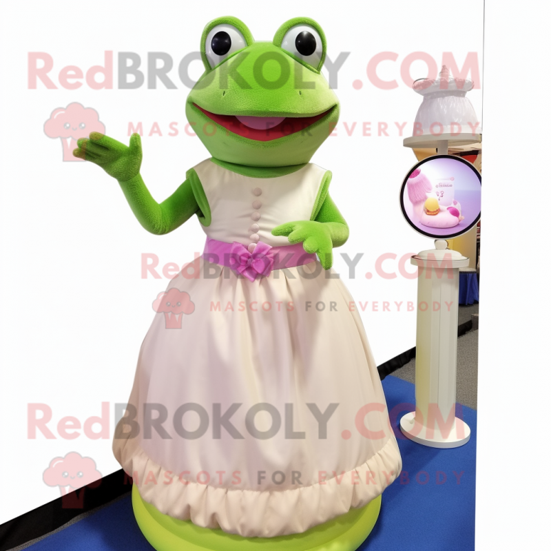 Cream Frog mascot costume character dressed with a Ball Gown and Beanies