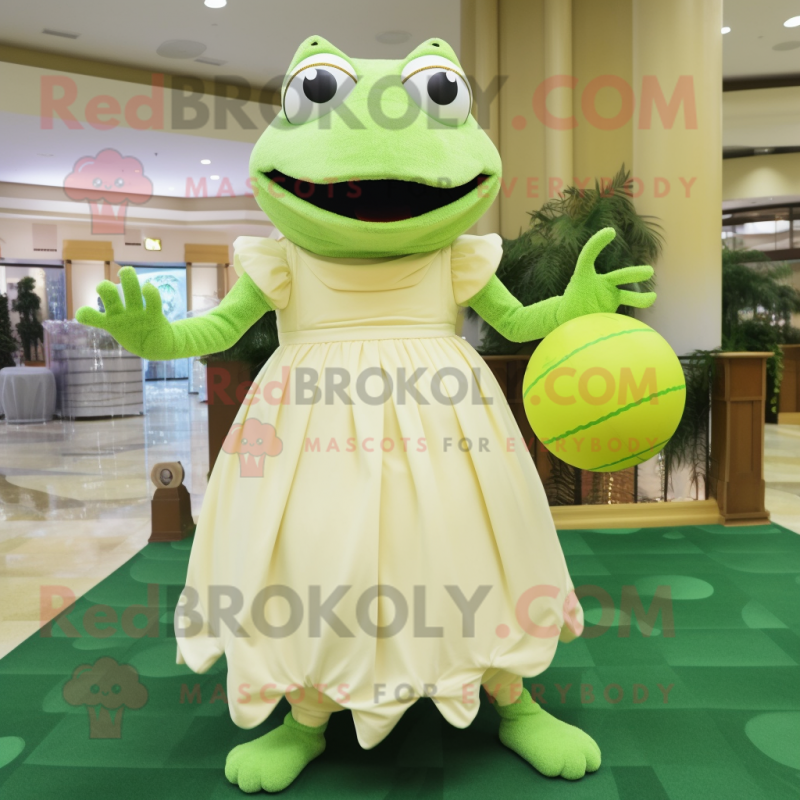 Cream Frog mascot costume character dressed with a Ball Gown and Beanies