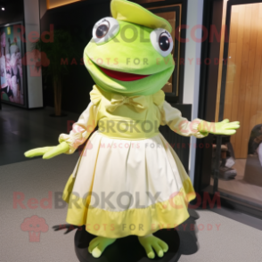 Cream Frog mascot costume character dressed with a Ball Gown and Beanies