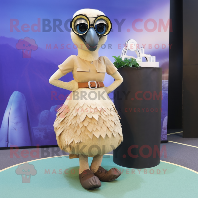 Beige Dodo Bird mascot costume character dressed with a Maxi Skirt and Sunglasses