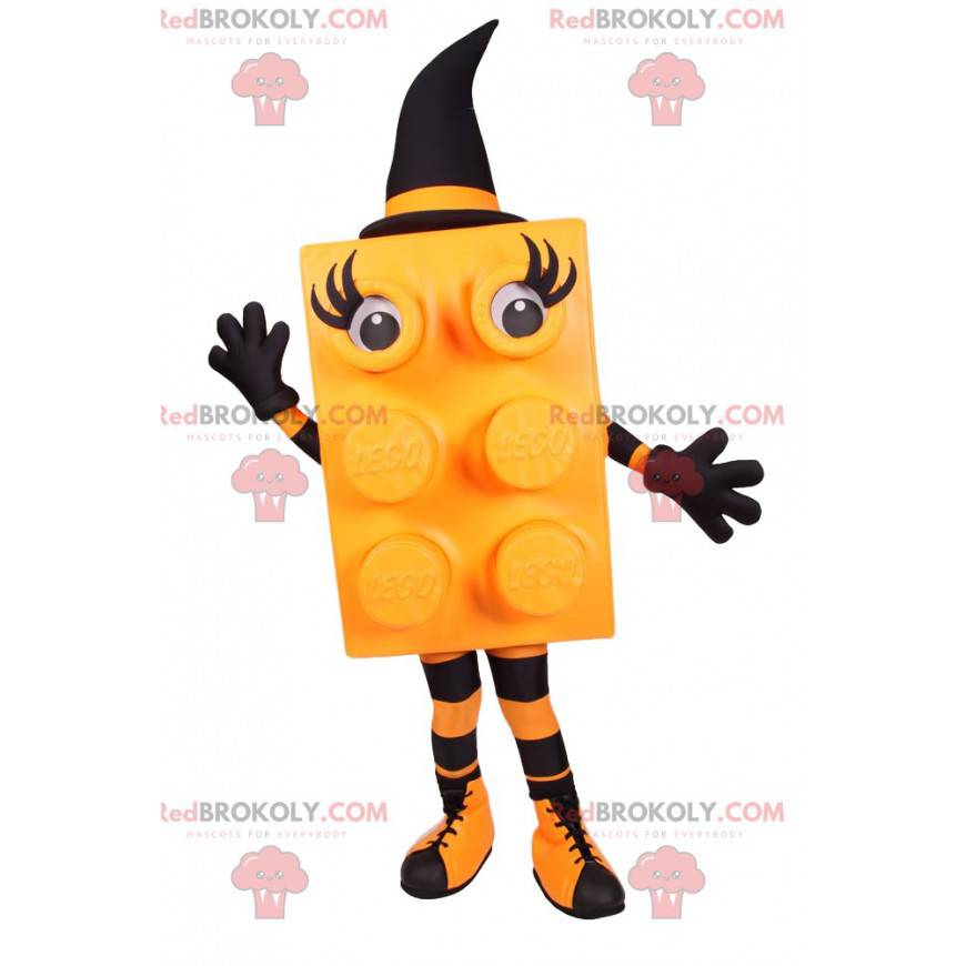 Yellow Block Maskottchen mit einem schwarzen spitzen Hut -