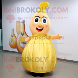 Peach Bottle Of Mustard mascot costume character dressed with a Ball Gown and Ties