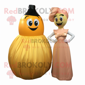 Peach Bottle Of Mustard mascot costume character dressed with a Ball Gown and Ties