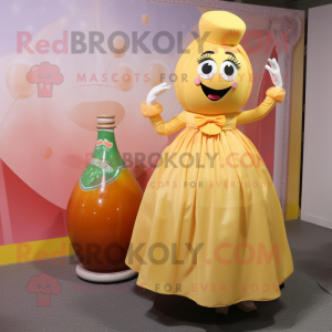 Peach Bottle Of Mustard mascot costume character dressed with a Ball Gown and Ties