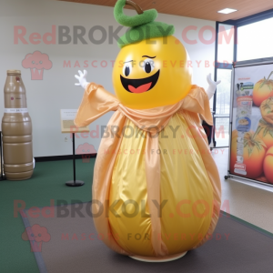 Peach Bottle Of Mustard mascot costume character dressed with a Ball Gown and Ties