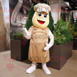 Beige Shakshuka mascot costume character dressed with a Overalls and Earrings