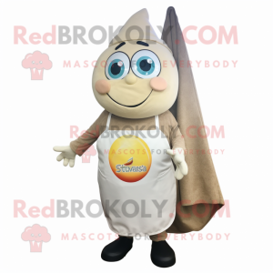 Beige Shakshuka mascot costume character dressed with a Overalls and Earrings