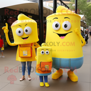 Lemon Yellow Orange mascot costume character dressed with a Mom Jeans and Wallets