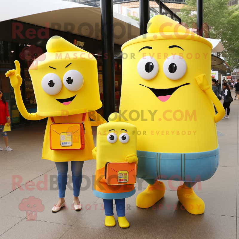 Lemon Yellow Orange mascot costume character dressed with a Mom Jeans and Wallets Lemon Yellow Orange mascot costume character dressed with a Mom Jeans and Wallets