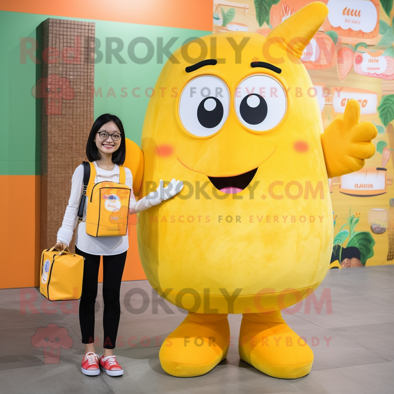 Lemon Yellow Orange mascot costume character dressed with a Mom Jeans and Wallets