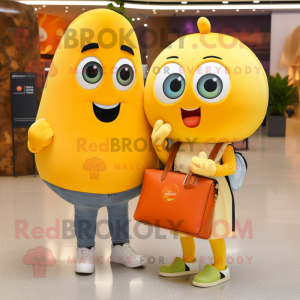 Lemon Yellow Orange mascot costume character dressed with a Mom Jeans and Wallets