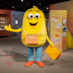 Lemon Yellow Orange mascot costume character dressed with a Mom Jeans and Wallets