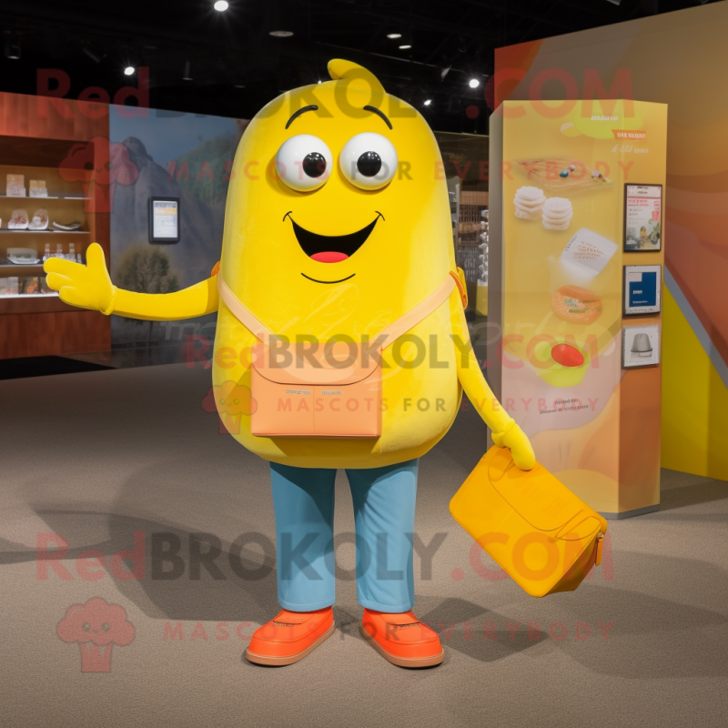 Lemon Yellow Orange mascot costume character dressed with a Mom Jeans and Wallets Lemon Yellow Orange mascot costume character dressed with a Mom Jeans and Wallets