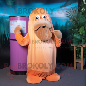 Peach Walrus mascot costume character dressed with a Wrap Skirt and Headbands