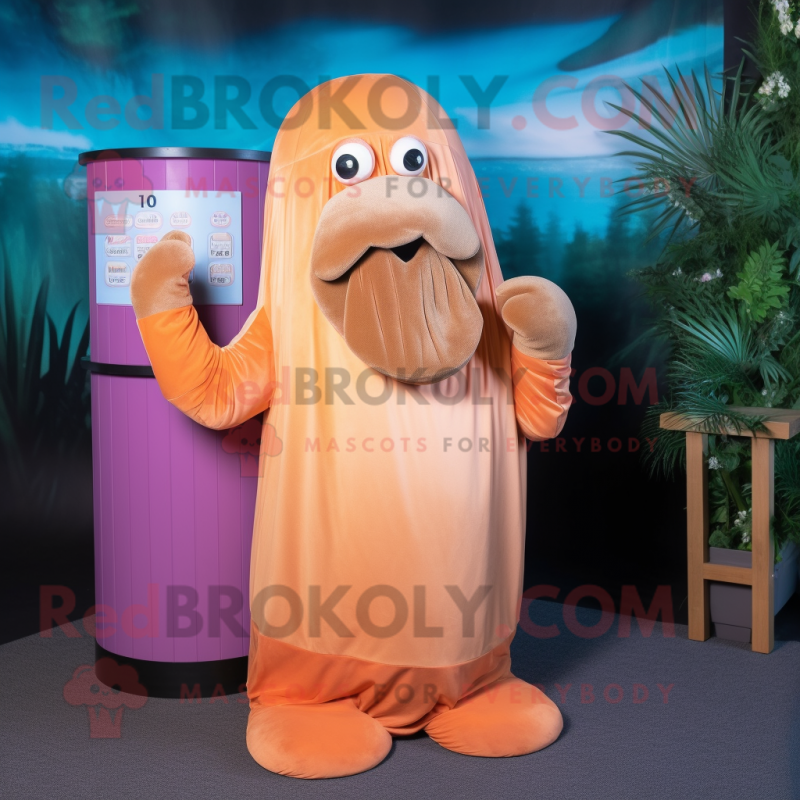 Peach Walrus mascot costume character dressed with a Wrap Skirt and Headbands Peach Walrus mascot costume character dressed with a Wrap Skirt and Headbands