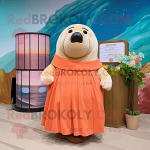 Peach Walrus mascot costume character dressed with a Wrap Skirt and Headbands