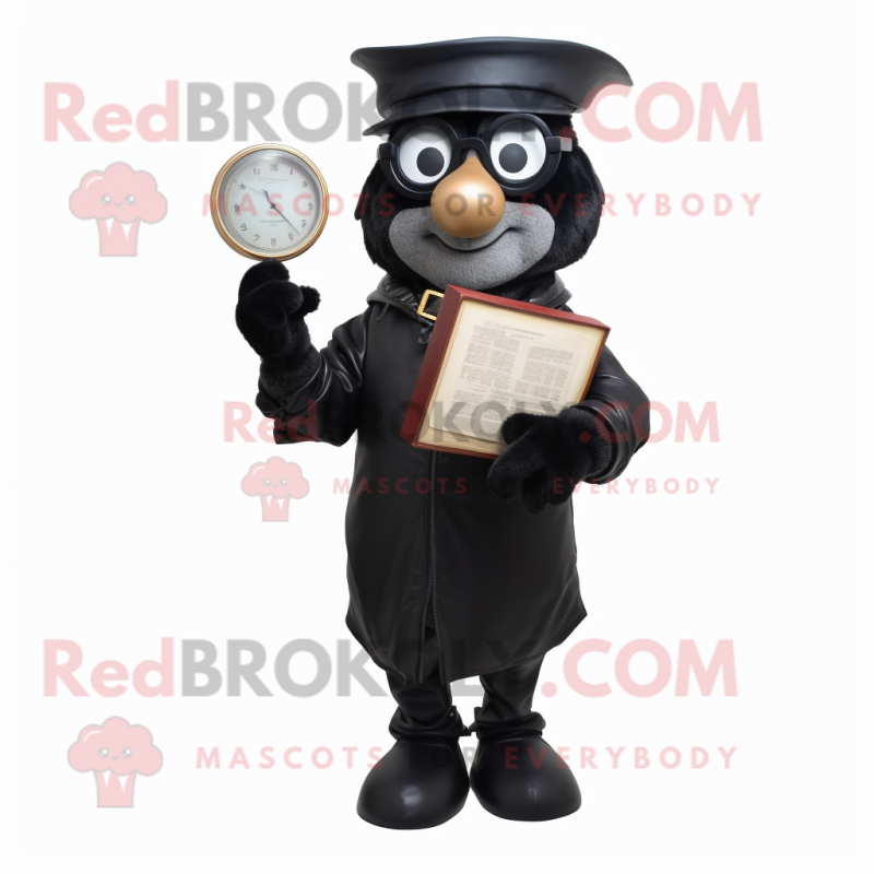 Black Hourglass mascot costume character dressed with a Leather Jacket and Reading glasses