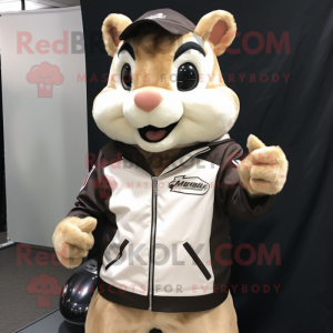 Beige Chipmunk mascot costume character dressed with a Biker Jacket and Suspenders