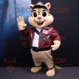 Beige Chipmunk mascot costume character dressed with a Biker Jacket and Suspenders