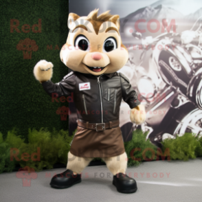 Beige Chipmunk mascot costume character dressed with a Biker Jacket and Suspenders