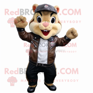 Beige Chipmunk mascot costume character dressed with a Biker Jacket and Suspenders