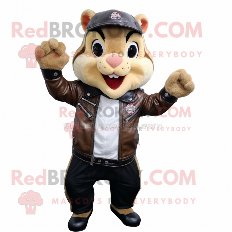 Beige Chipmunk mascot costume character dressed with a Biker Jacket and Suspenders Beige Chipmunk mascot costume character dressed with a Biker Jacket and Suspenders