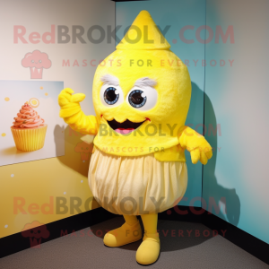 Lemon Yellow Cupcake mascot costume character dressed with a Capri Pants and Shawl pins