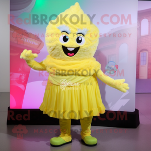 Lemon Yellow Cupcake mascot costume character dressed with a Capri Pants and Shawl pins