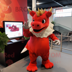 Red Triceratops mascot costume character dressed with a Culottes and Watches