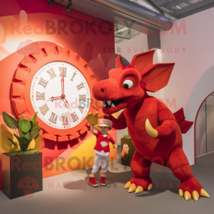 Red Triceratops mascot costume character dressed with a Culottes and Watches