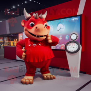 Red Triceratops mascot costume character dressed with a Culottes and Watches