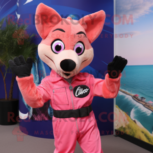 Pink Dingo mascot costume character dressed with a Flare Jeans and Gloves