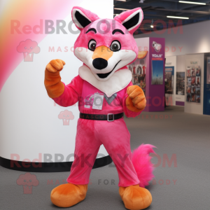 Pink Dingo mascot costume character dressed with a Flare Jeans and Gloves