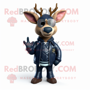 Navy Deer mascot costume character dressed with a Leather Jacket and Scarves