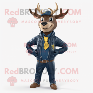 Navy Deer mascot costume character dressed with a Leather Jacket and Scarves