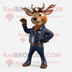 Navy Deer mascot costume character dressed with a Leather Jacket and Scarves