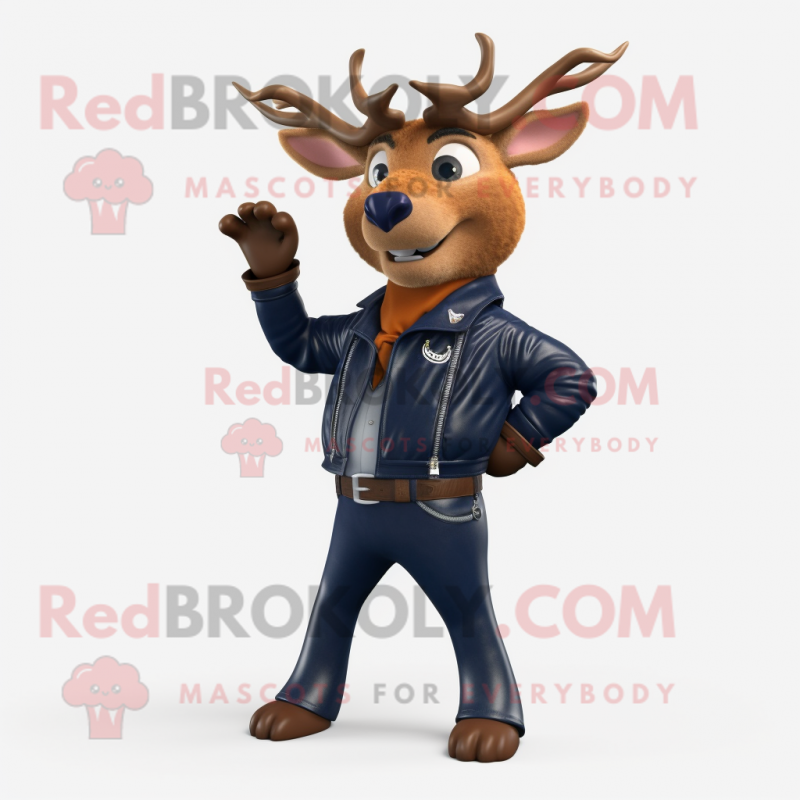 Navy Deer mascot costume character dressed with a Leather Jacket and Scarves Navy Deer mascot costume character dressed with a Leather Jacket and Scarves
