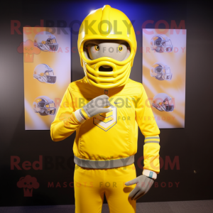 Lemon Yellow American Football Helmet mascot costume character dressed with a Sweatshirt and Wraps