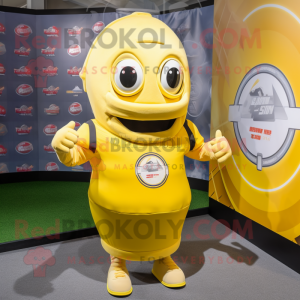 Lemon Yellow American Football Helmet mascot costume character dressed with a Sweatshirt and Wraps