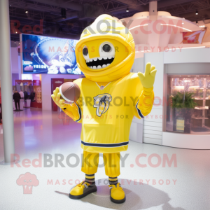 Lemon Yellow American Football Helmet mascot costume character dressed with a Sweatshirt and Wraps