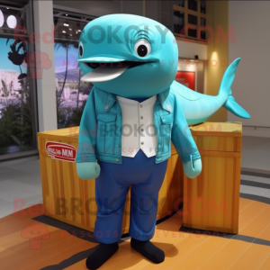 Turquoise Blue Whale mascot costume character dressed with a Cargo Pants and Shoe clips