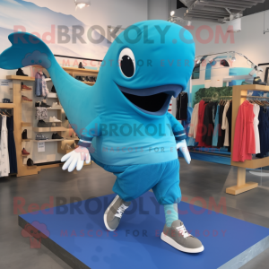 Turquoise Blue Whale mascot costume character dressed with a Cargo Pants and Shoe clips