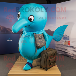 Turquoise Blue Whale mascot costume character dressed with a Cargo Pants and Shoe clips