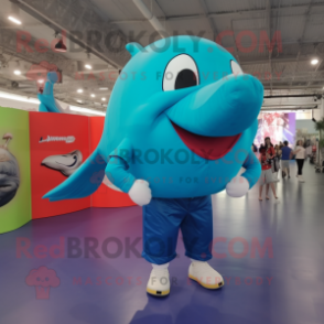 Turquoise Blue Whale mascot costume character dressed with a Cargo Pants and Shoe clips