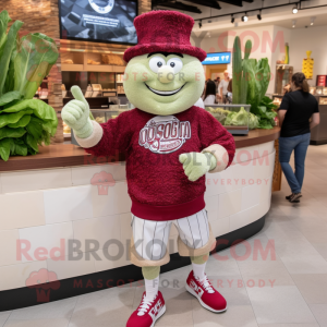 Maroon Caesar Salad mascot costume character dressed with a Shorts and Watches